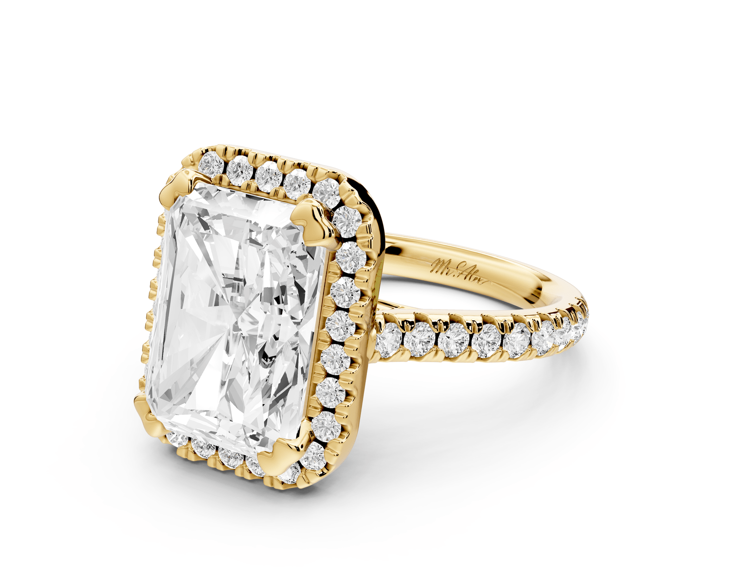Marcella - 5ct 18k yellow gold radiant halo double talon prong cathedral pavé engagement ring - Mr. Alex Jewelry