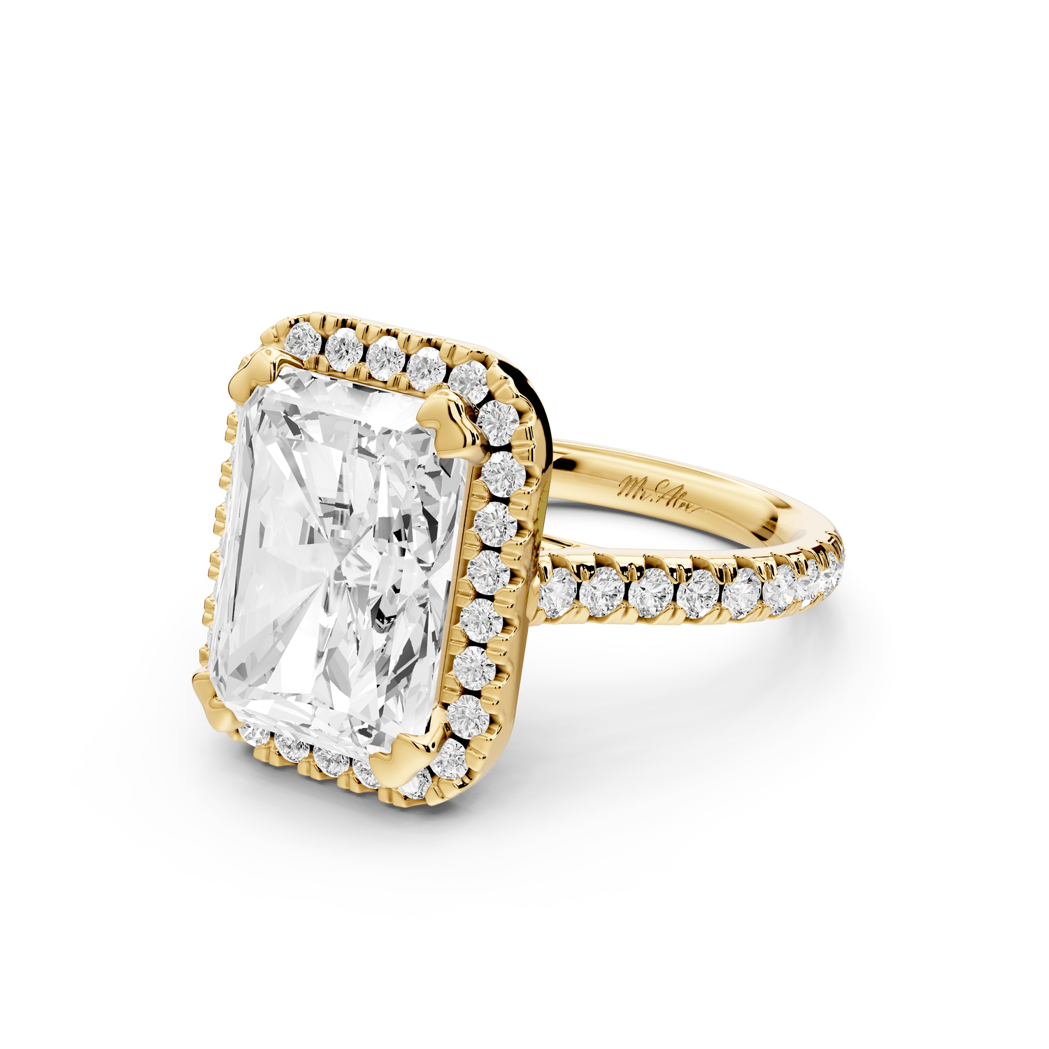 Marcella - 5ct 18k yellow gold radiant halo double talon prong cathedral pavé engagement ring - Mr. Alex Jewelry