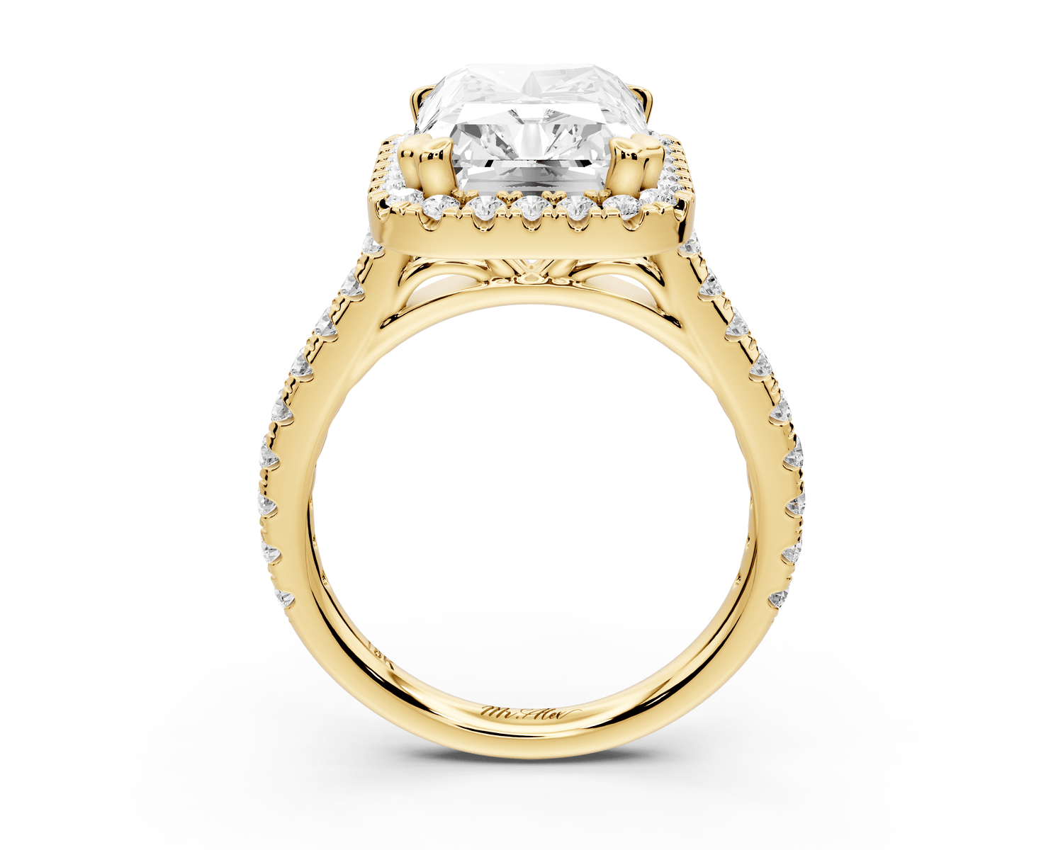 Marcella - 5ct 18k yellow gold radiant halo double talon prong cathedral pavé engagement ring - Mr. Alex Jewelry