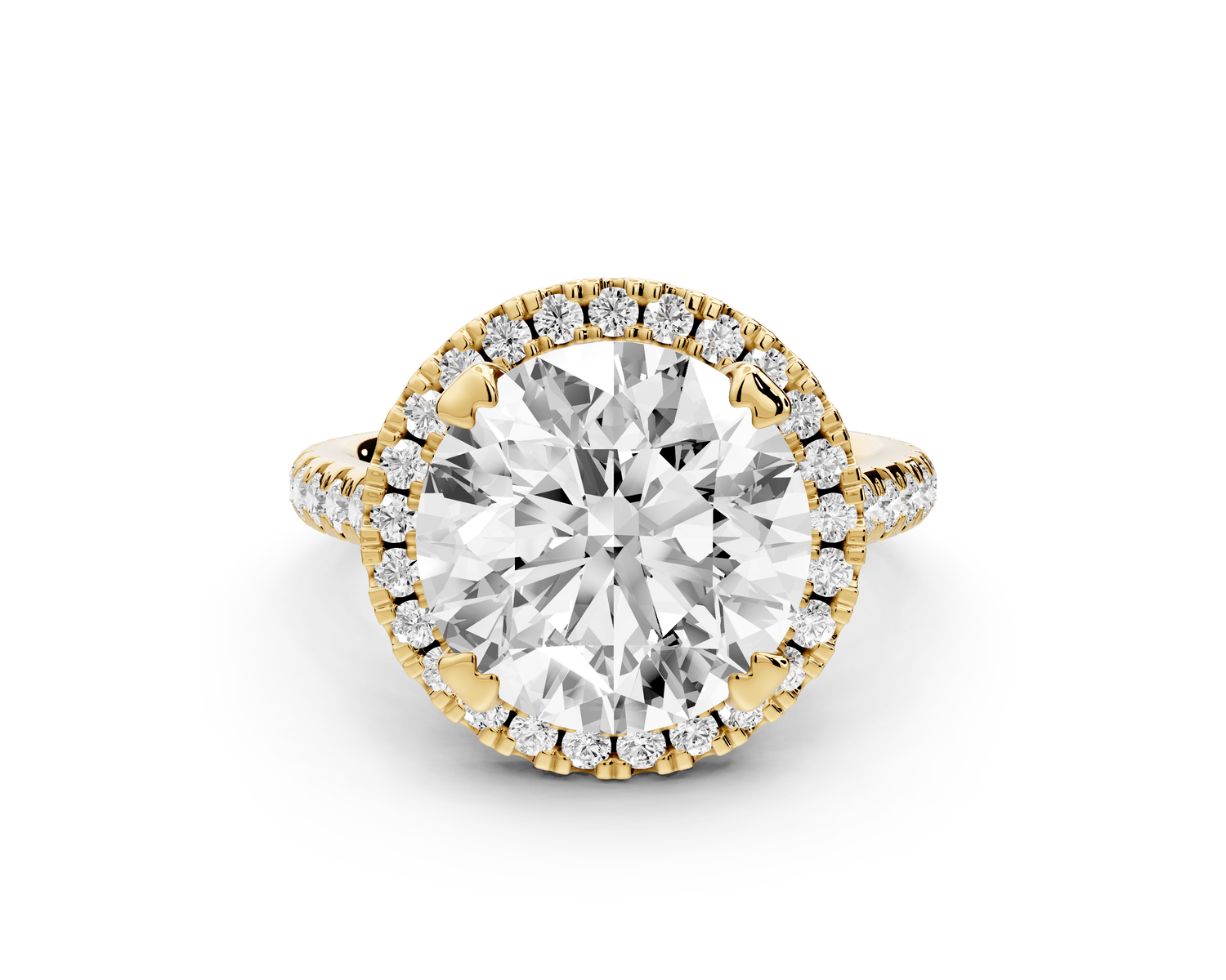 Marcella - 5ct 18k yellow gold round halo double talon prong cathedral pavé engagement ring - Mr. Alex Jewelry