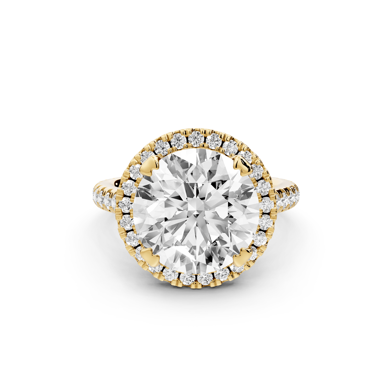 Marcella - 5ct 18k yellow gold round halo double talon prong cathedral pavé engagement ring - Mr. Alex Jewelry