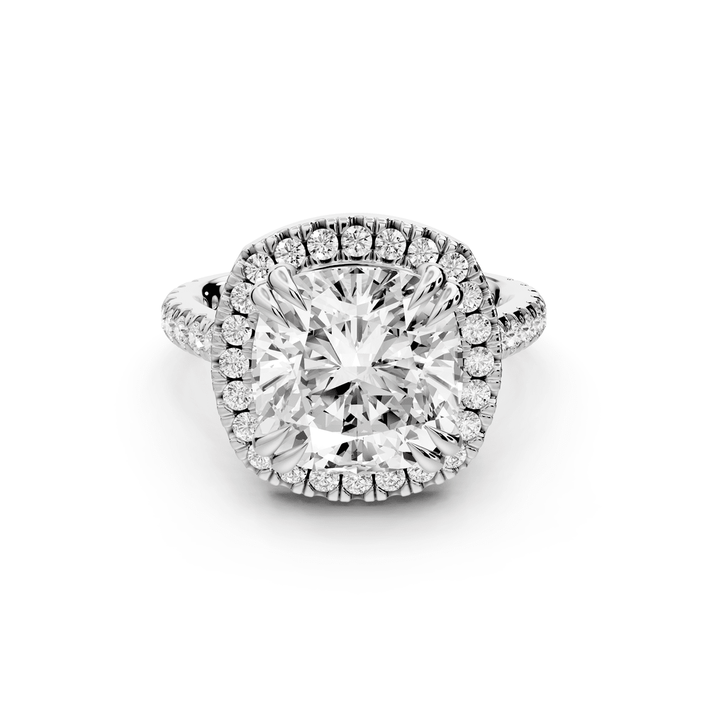 Marcella - 5ct platinum cushion halo double talon prong cathedral pavé engagement ring - Mr. Alex Jewelry