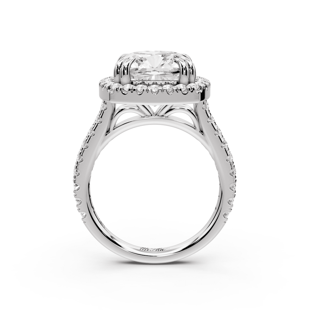Marcella - 5ct platinum cushion halo double talon prong cathedral pavé engagement ring - Mr. Alex Jewelry