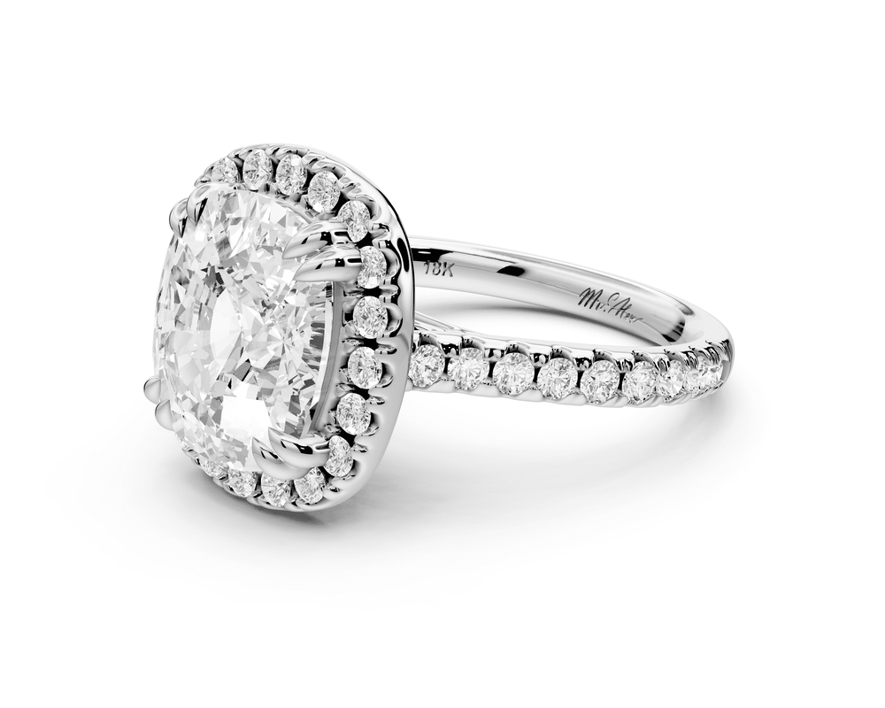 Marcella - 5ct platinum ecushion halo double talon prong cathedral pavé engagement ring - Mr. Alex Jewelry