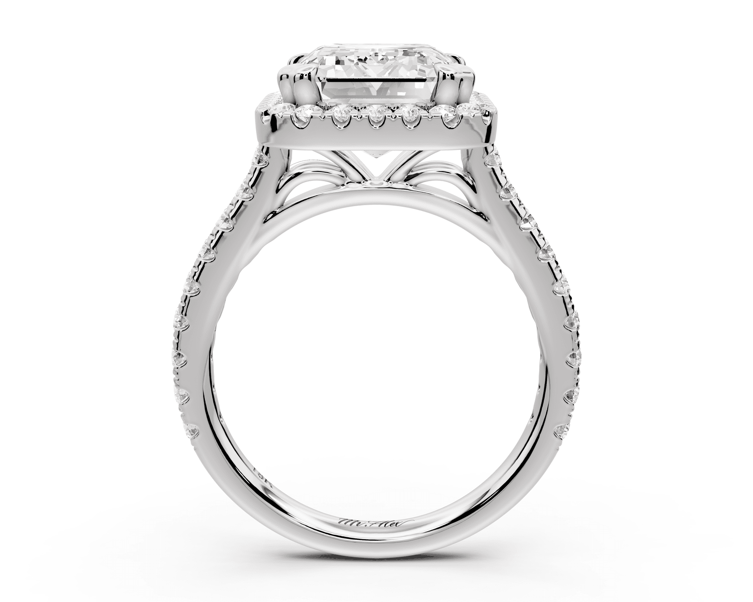 Marcella - 5ct platinum emerald halo double talon prong cathedral pavé engagament ring - Mr. Alex Jewelry