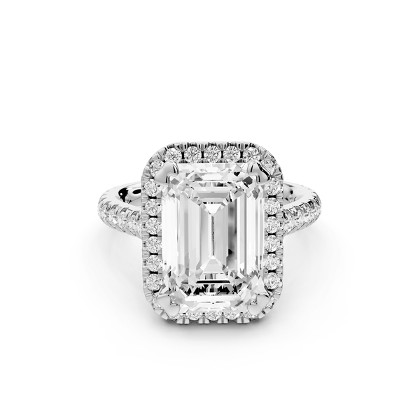Marcella - 5ct platinum emerald halo double talon prong cathedral pavé engagament ring - Mr. Alex Jewelry