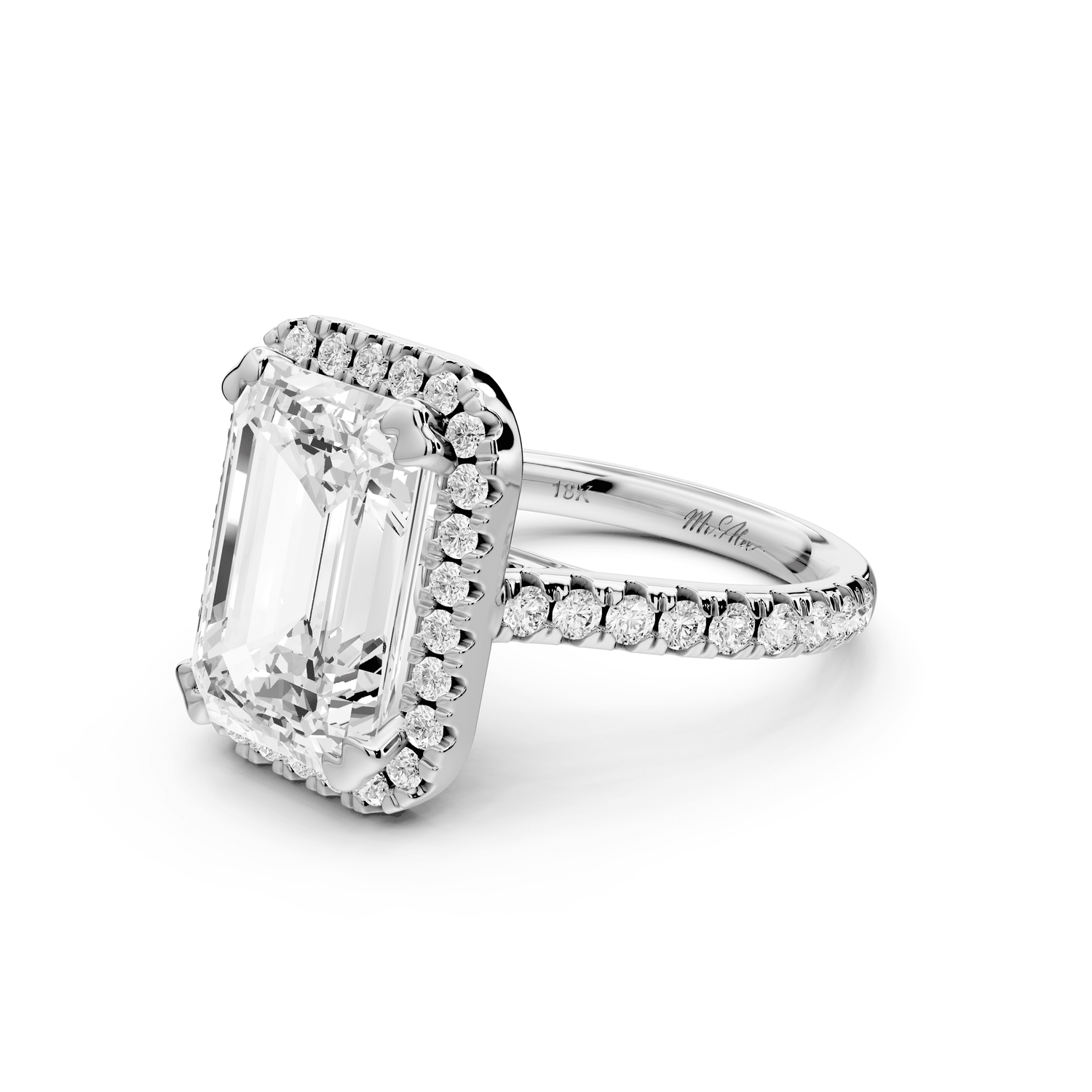 Marcella - 5ct platinum emerald halo double talon prong cathedral pavé engagament ring - Mr. Alex Jewelry