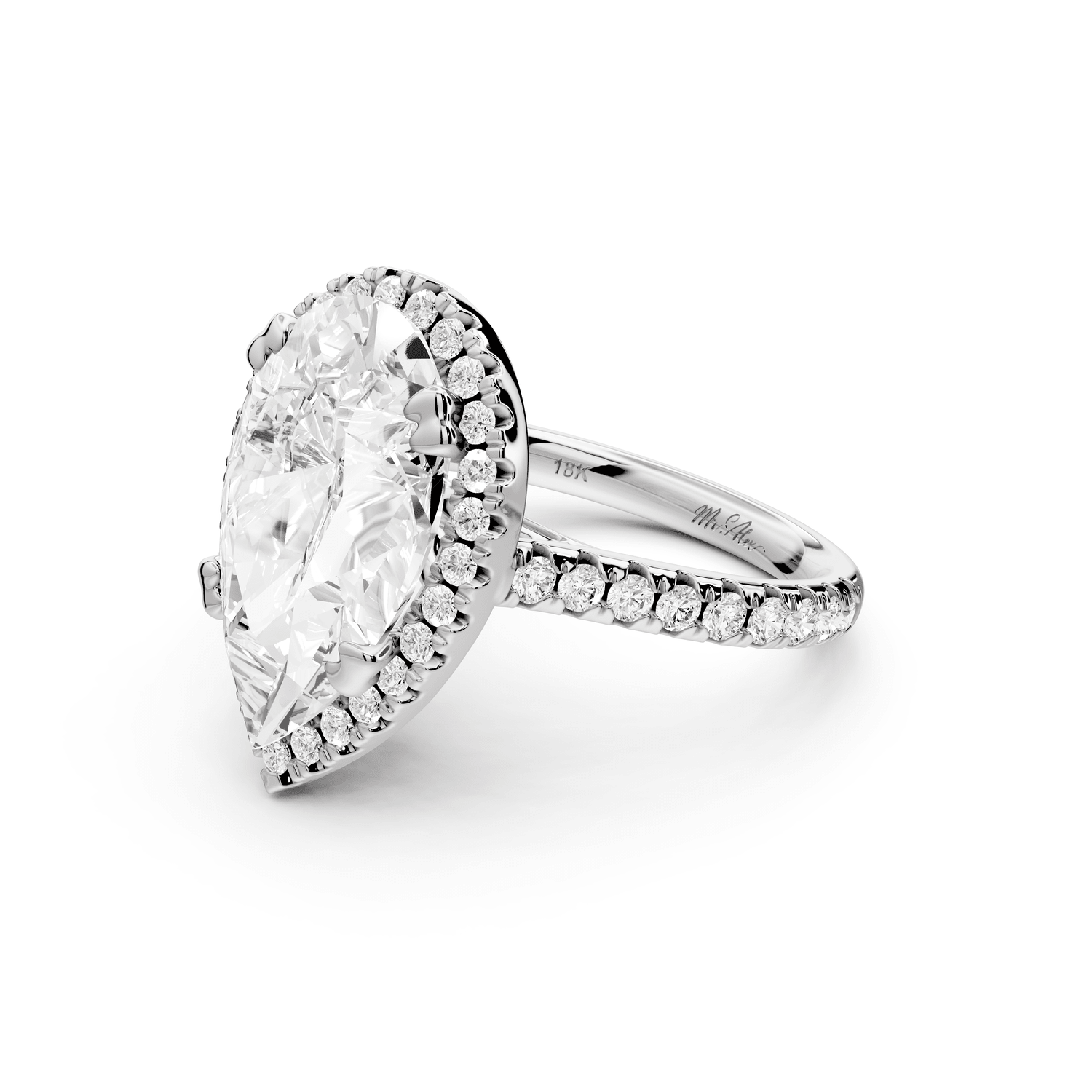 Marcella - 5ct platinum pear halo double talon prong cathedral pavé engagament ring - Mr. Alex Jewelry