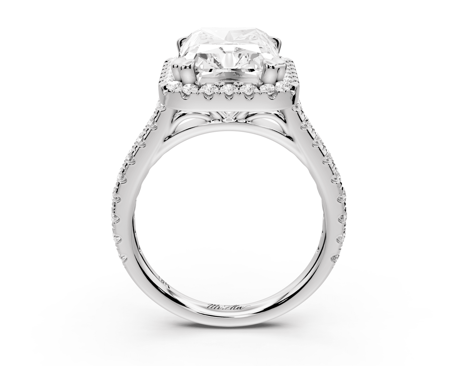 Marcella - 5ct platinum radiant halo double talon prong cathedral pavé engagement ring - Mr. Alex Jewelry
