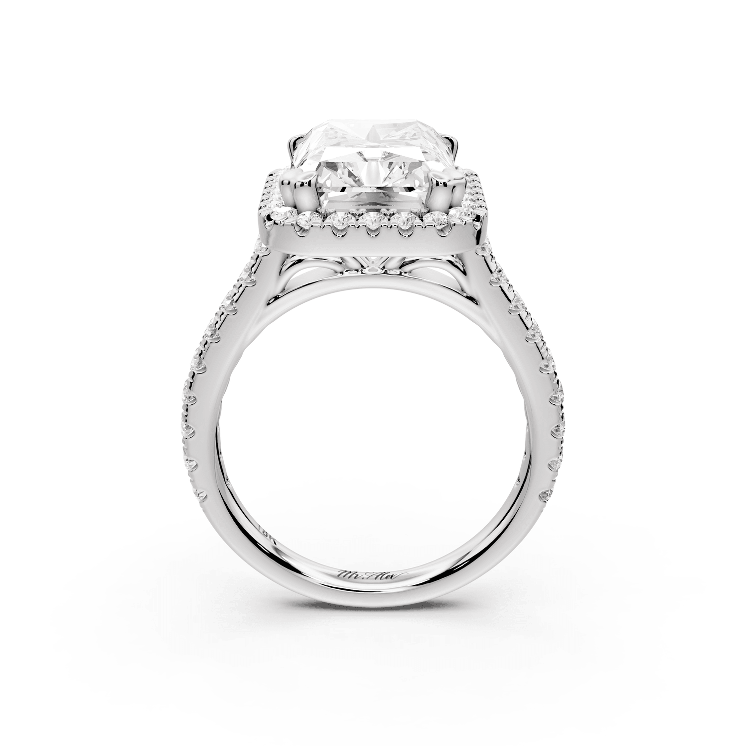 Marcella - 5ct platinum radiant halo double talon prong cathedral pavé engagement ring - Mr. Alex Jewelry
