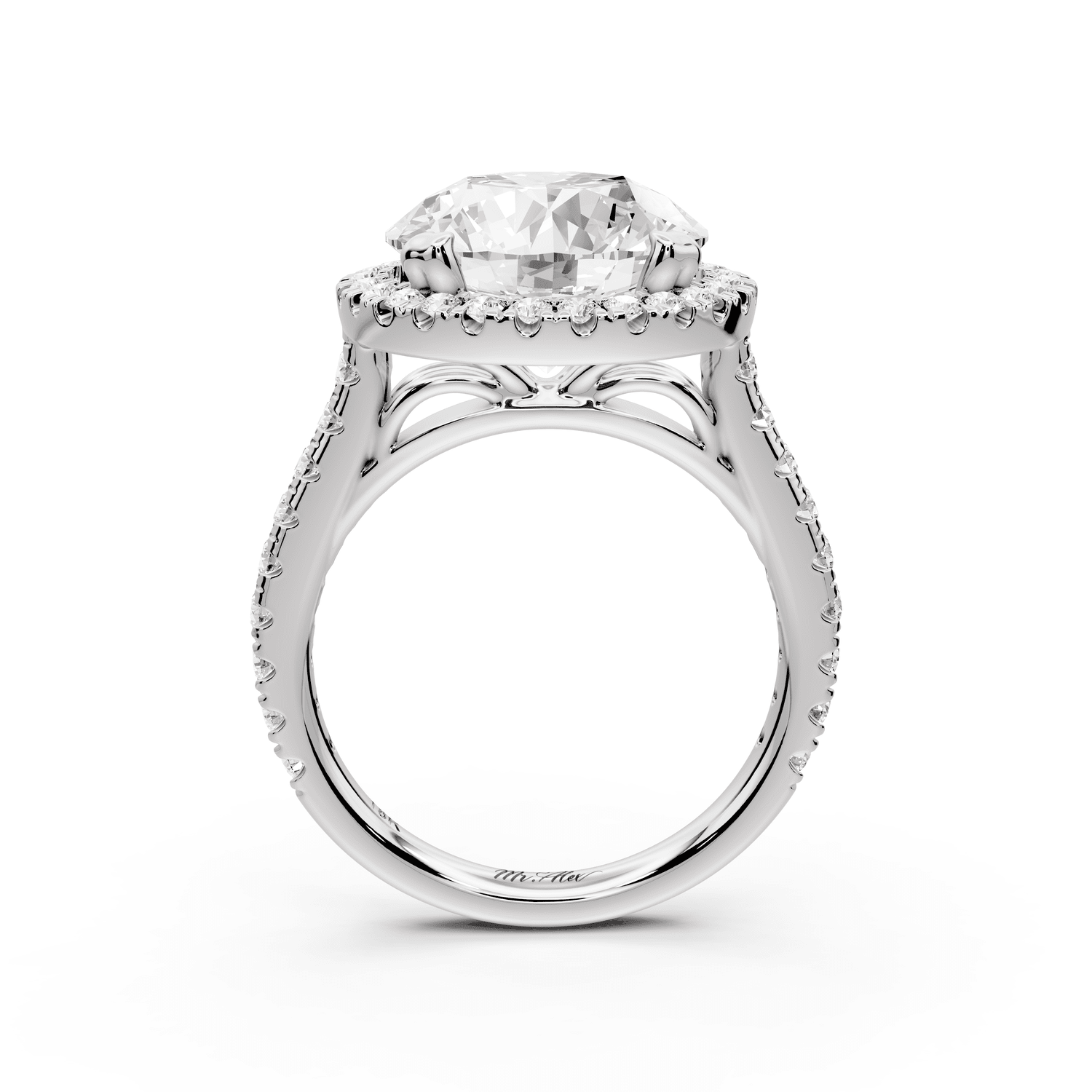Marcella - 5ct platinum round halo double talon prong cathedral pavé engagement ring - Mr. Alex Jewelry