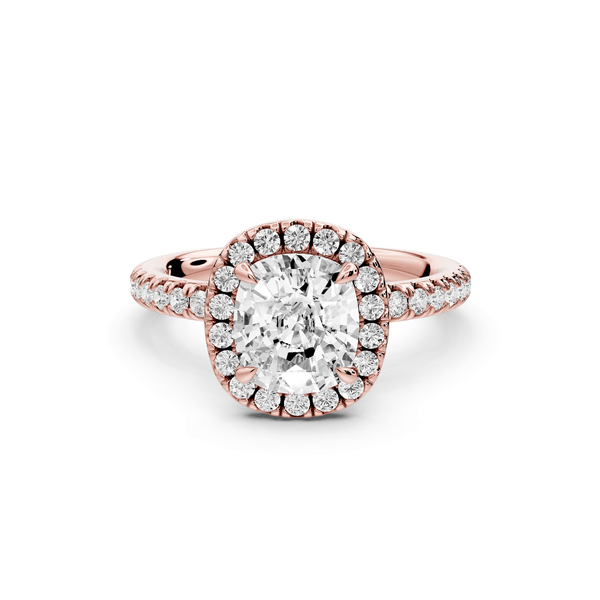 Marina - 2ct 14k rose gold cushion halo pavé half band engagement ring - Mr. Alex Jewelry