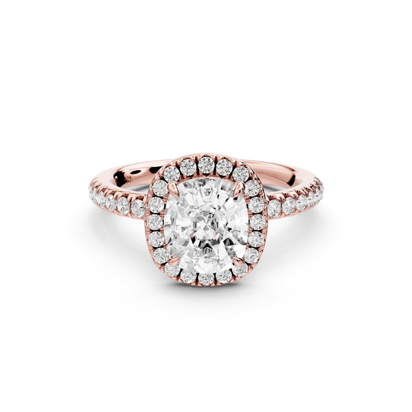 Marina - 2ct 14k rose gold ecushion halo pavé half band engagement ring - Mr. Alex Jewelry