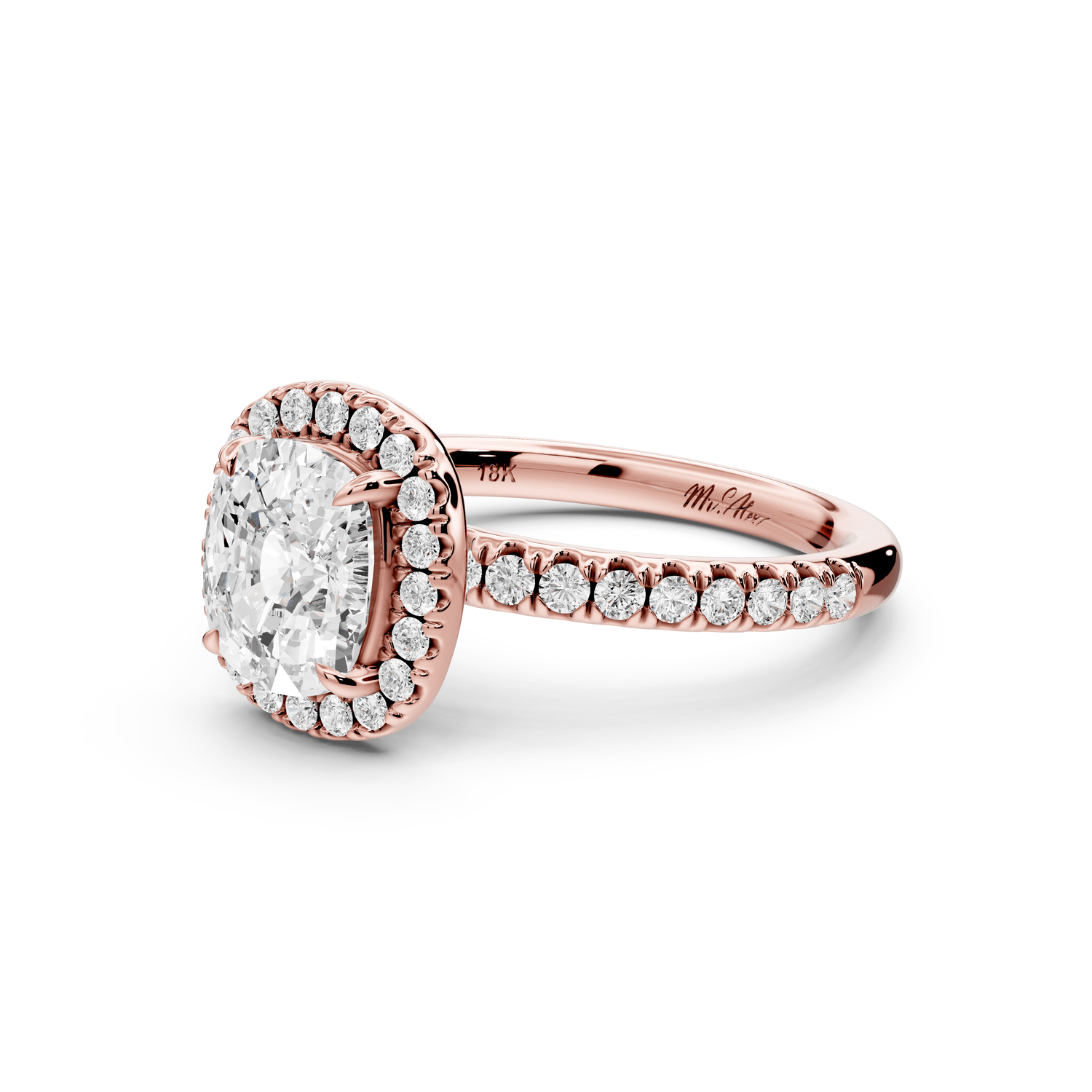 Marina - 2ct 14k rose gold ecushion halo pavé half band engagement ring - Mr. Alex Jewelry