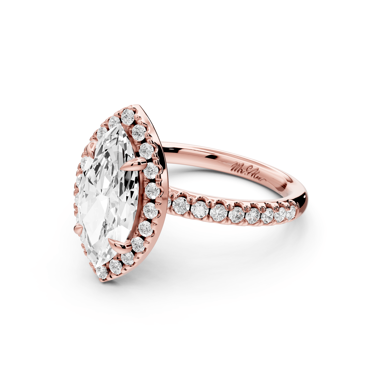 Marina - 2ct 14k rose gold marquise halo pavé half band engagement ring - Mr. Alex Jewelry