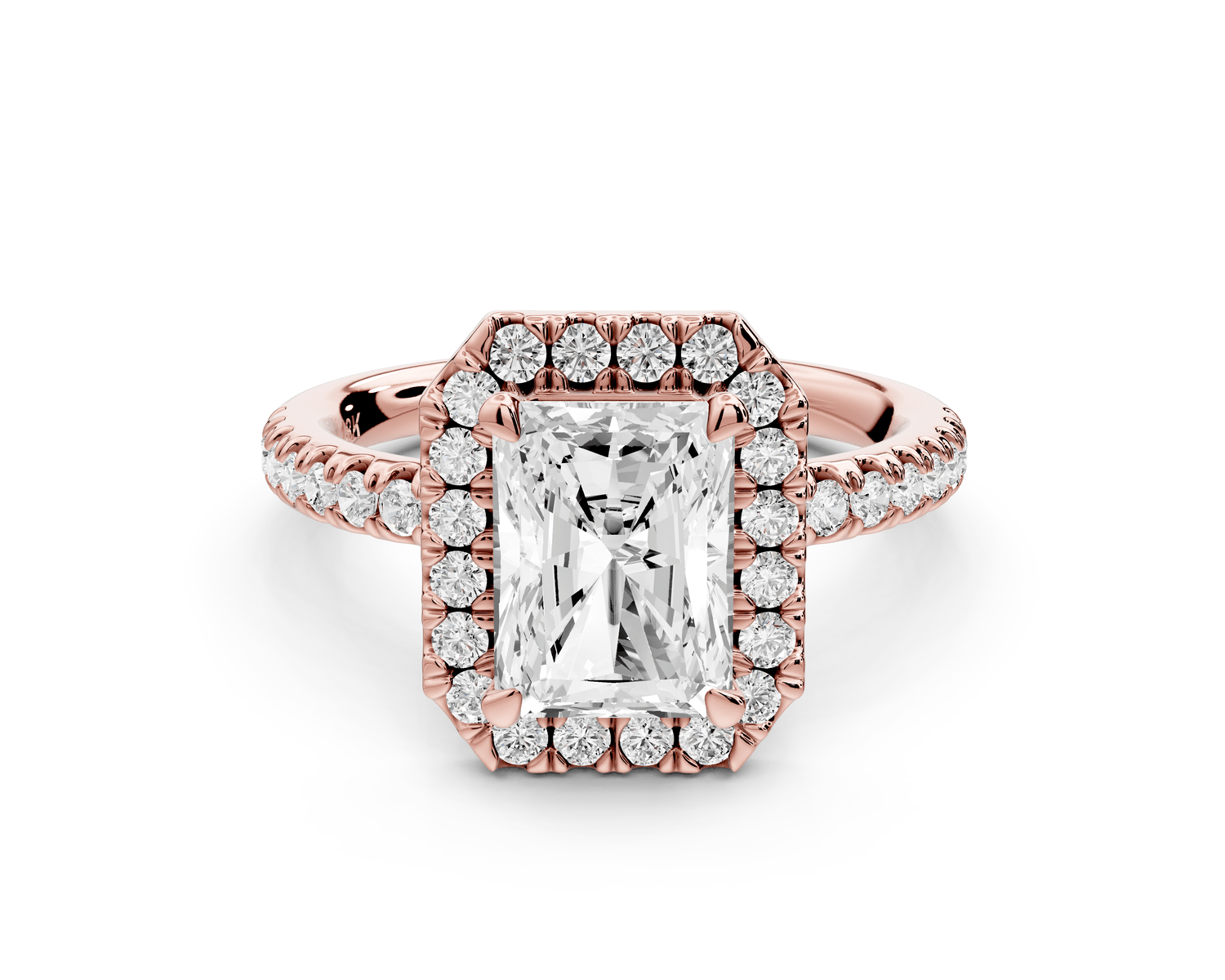 Marina - 2ct 14k rose gold radiant halo pavé half band engagement ring - Mr. Alex Jewelry