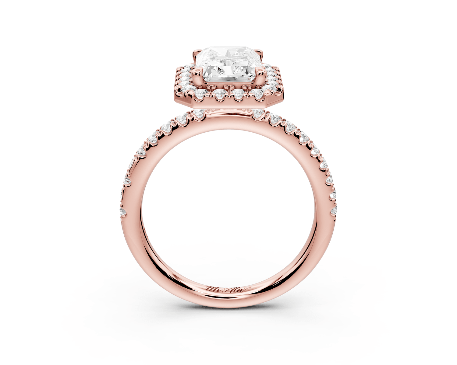 Marina - 2ct 14k rose gold radiant halo pavé half band engagement ring - Mr. Alex Jewelry