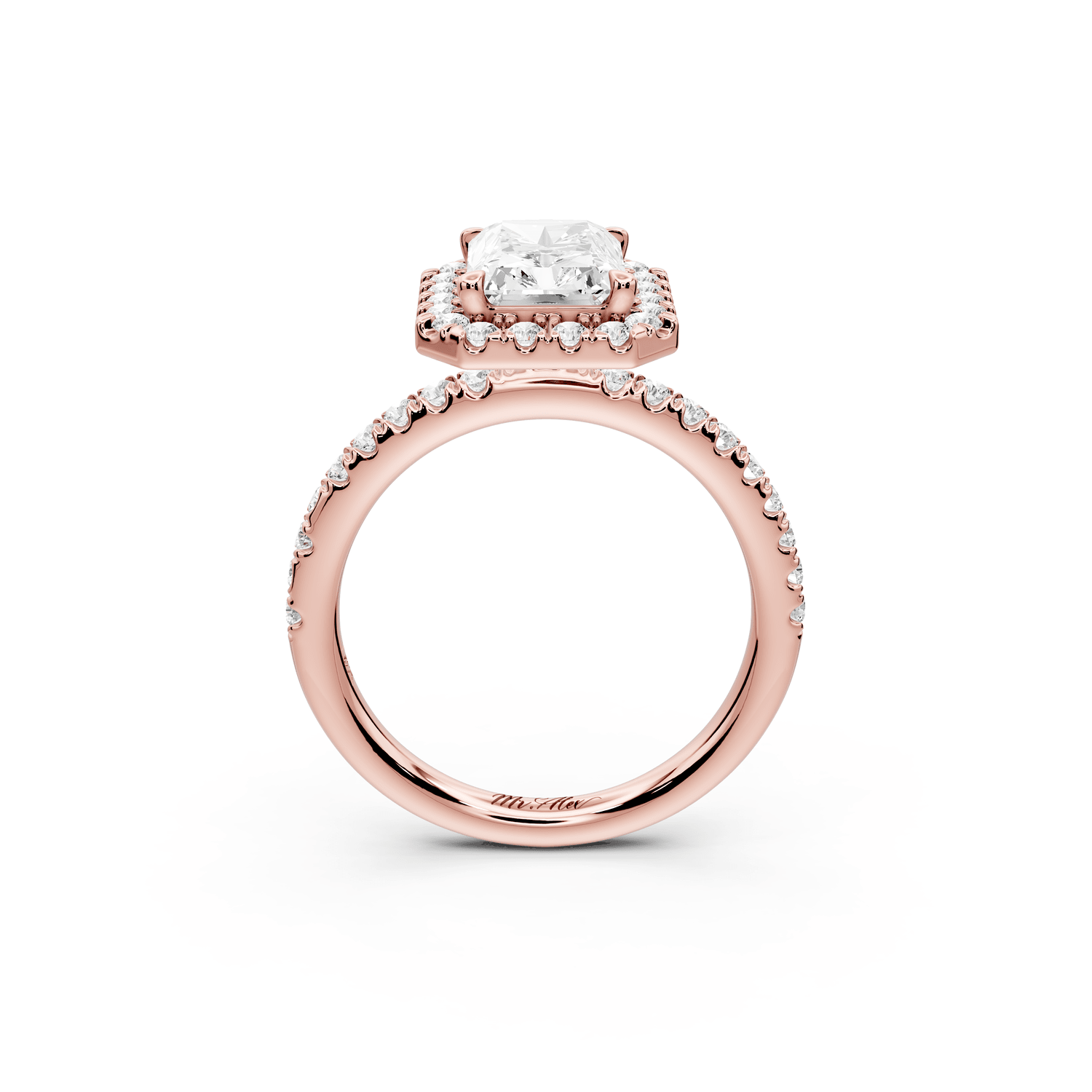 Marina - 2ct 14k rose gold radiant halo pavé half band engagement ring - Mr. Alex Jewelry