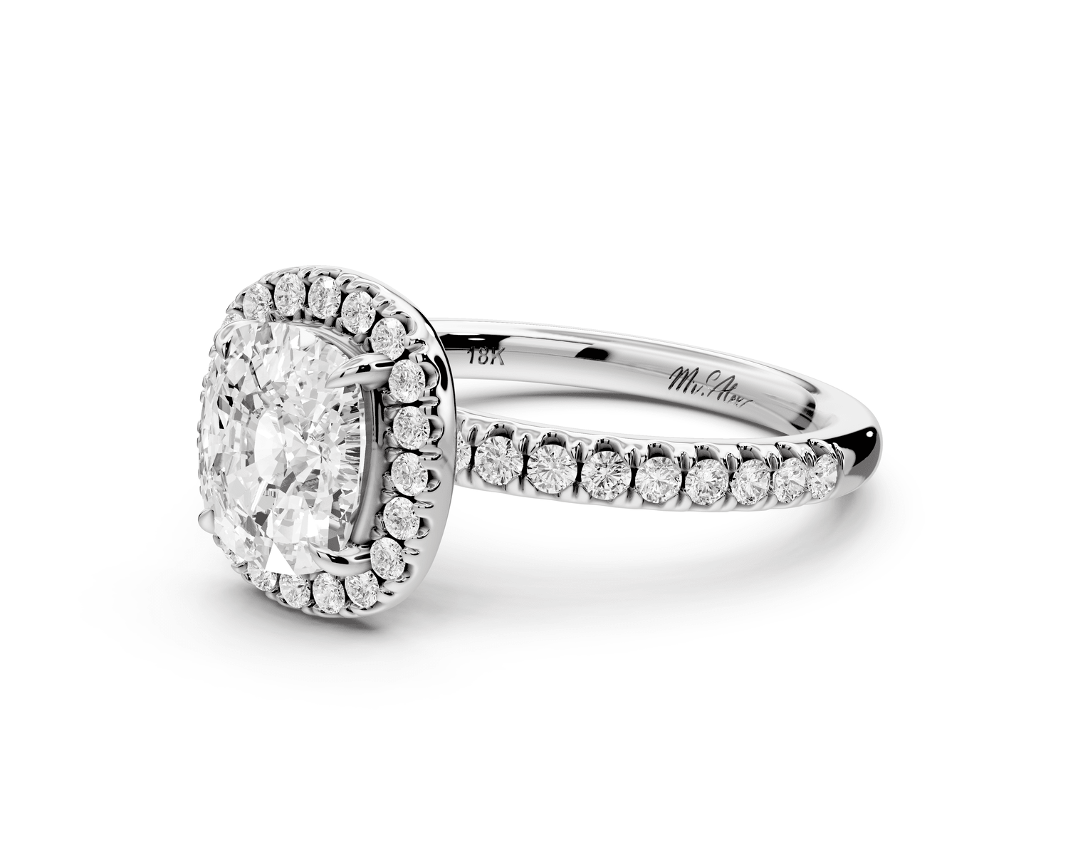 Marina - 2ct 14k white gold ecushion halo pavé half band engagement ring - Mr. Alex Jewelry