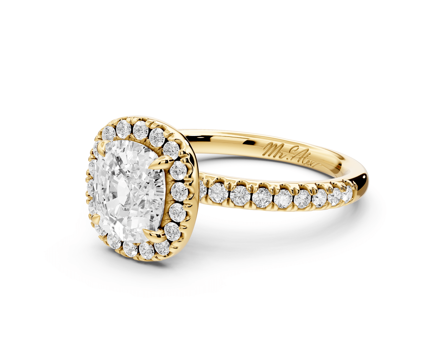 Marina - 2ct 14k yellow gold cushion halo pavé half band engagement ring - Mr. Alex Jewelry