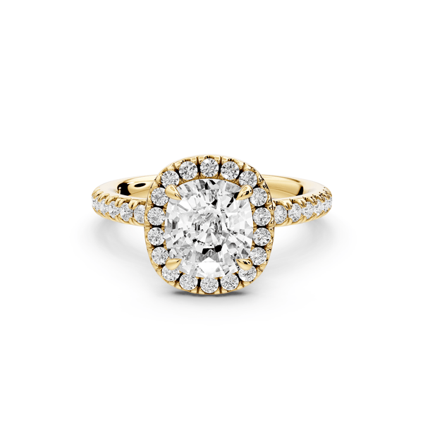 Marina - 2ct 14k yellow gold cushion halo pavé half band engagement ring - Mr. Alex Jewelry
