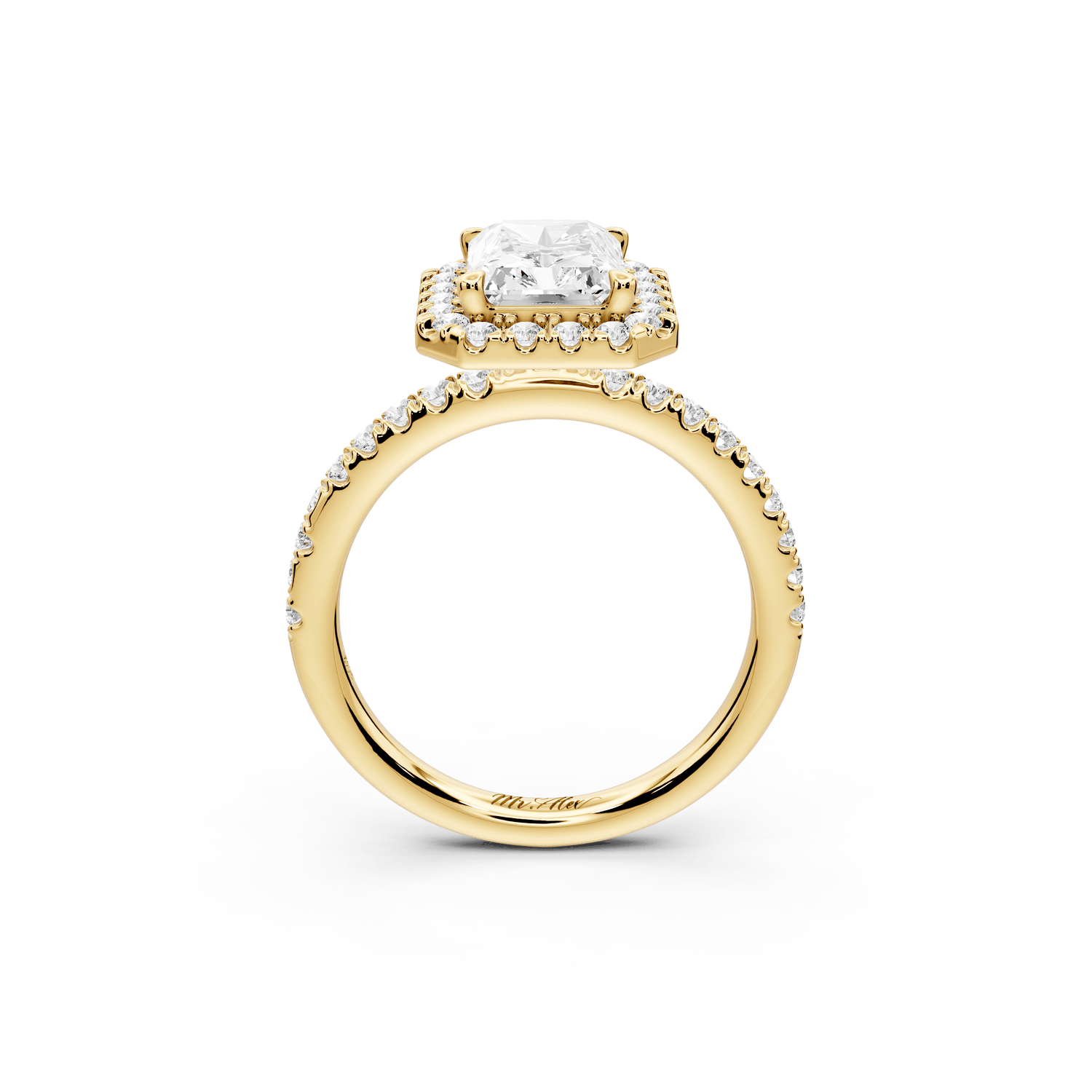 Marina - 2ct 14k yellow gold radiant halo pavé half band engagement ring - Mr. Alex Jewelry