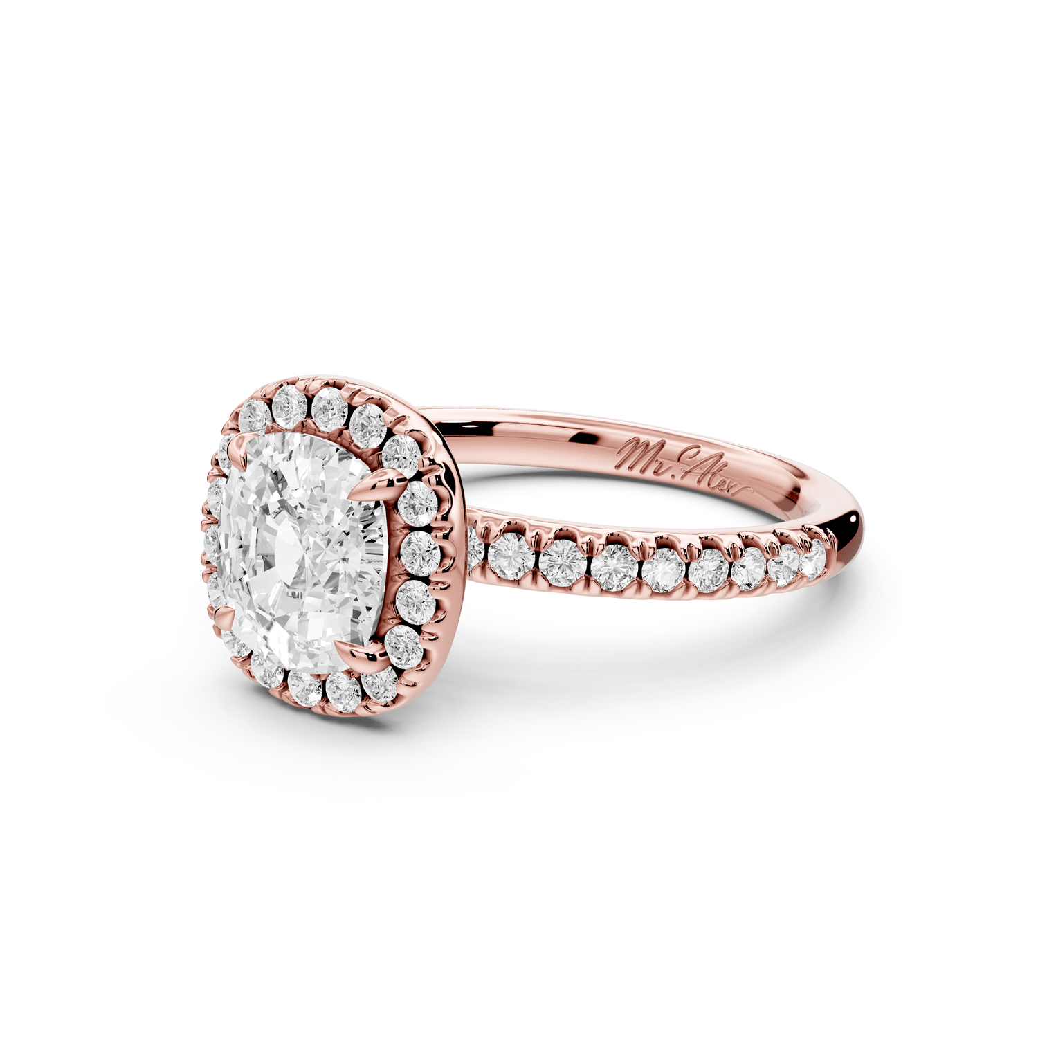 Marina - 2ct 18k rose gold cushion halo pavé half band engagement ring - Mr. Alex Jewelry