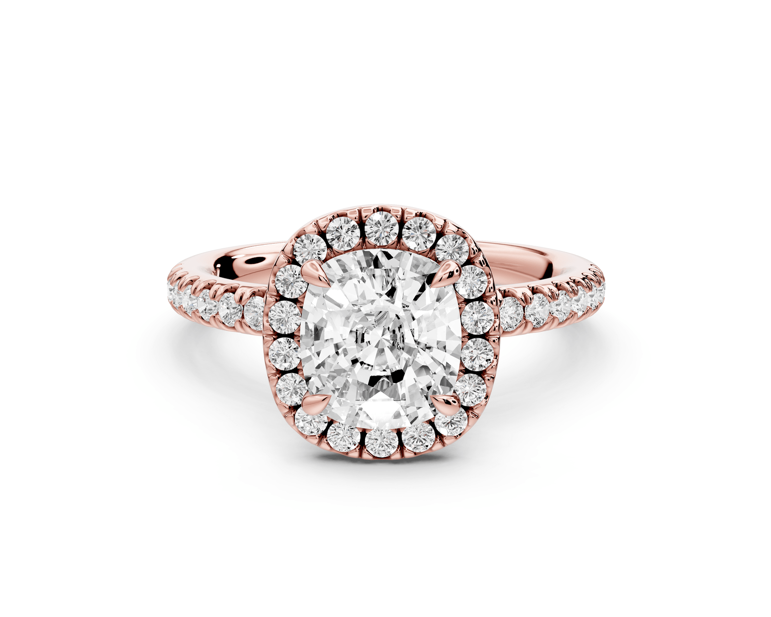 Marina - 2ct 18k rose gold cushion halo pavé half band engagement ring - Mr. Alex Jewelry