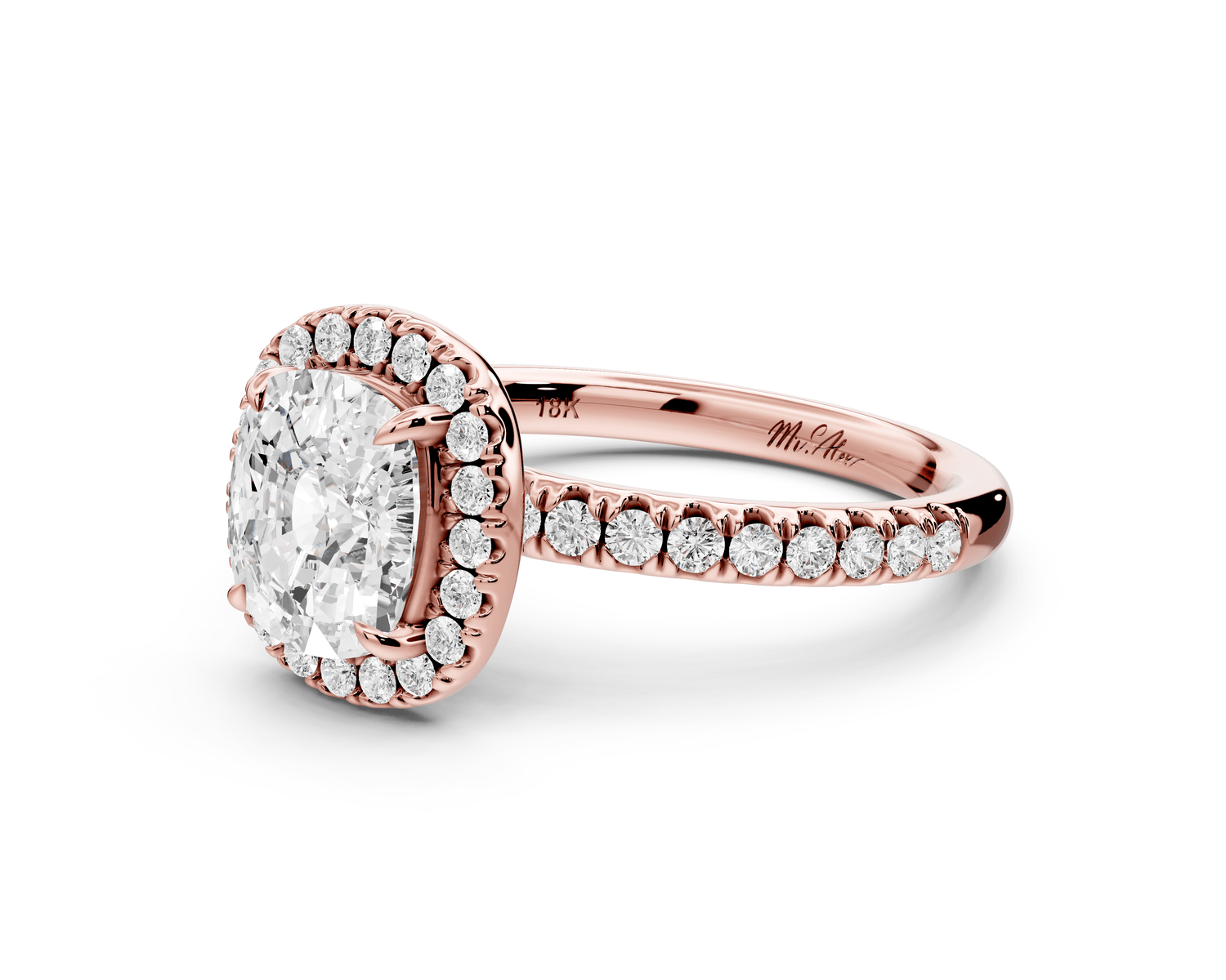 Marina - 2ct 18k rose gold ecushion halo pavé half band engagement ring - Mr. Alex Jewelry