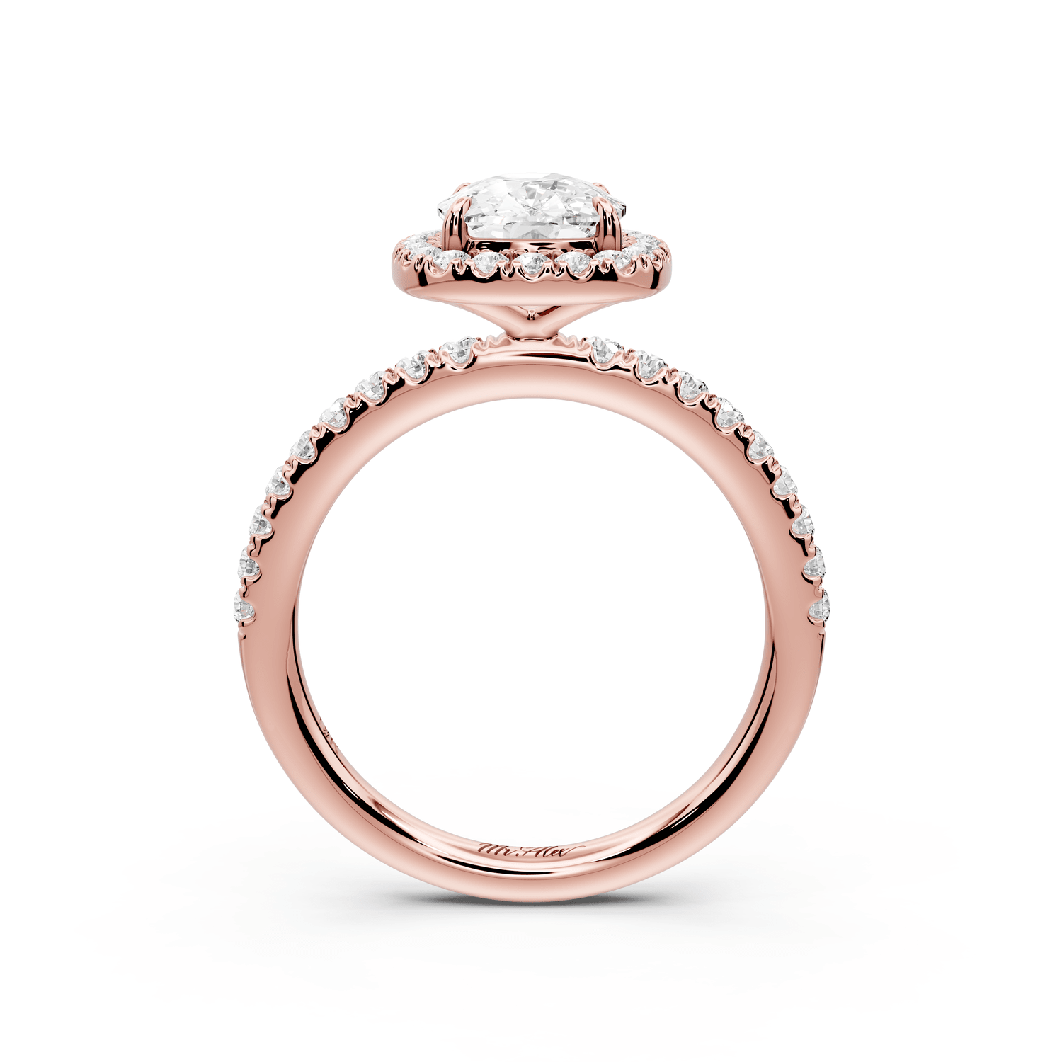 Marina - 2ct 18k rose gold ecushion halo pavé half band engagement ring - Mr. Alex Jewelry