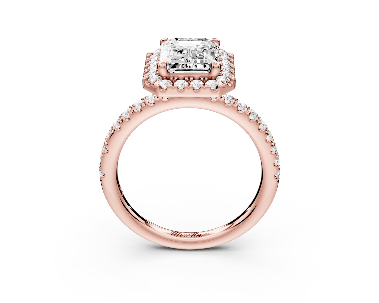 Marina - 2ct 18k rose gold emerald halo pavé half band engagment ring - Mr. Alex Jewelry