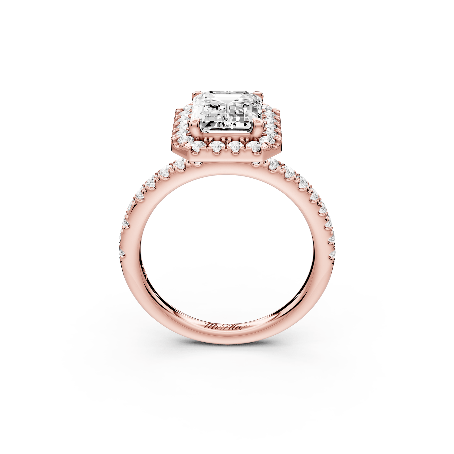 Marina - 2ct 18k rose gold emerald halo pavé half band engagment ring - Mr. Alex Jewelry