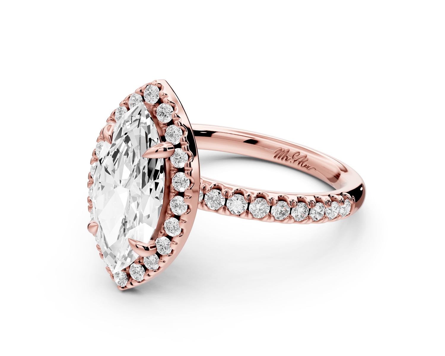 Marina - 2ct 18k rose gold marquise halo pavé half band engagement ring - Mr. Alex Jewelry