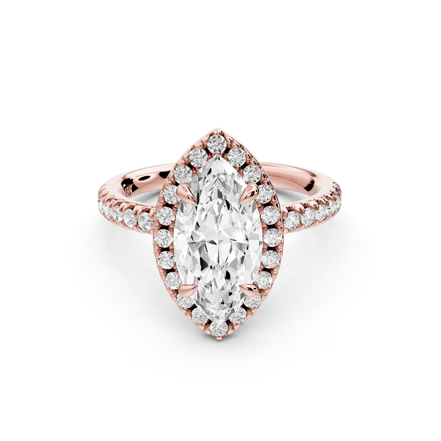 Marina - 2ct 18k rose gold marquise halo pavé half band engagement ring - Mr. Alex Jewelry