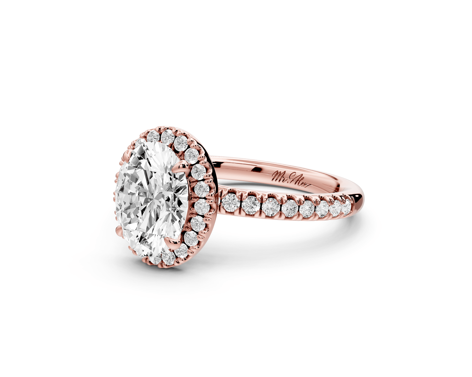 Marina - 2ct 18k rose gold oval halo pavé half band engagment ring - Mr. Alex Jewelry