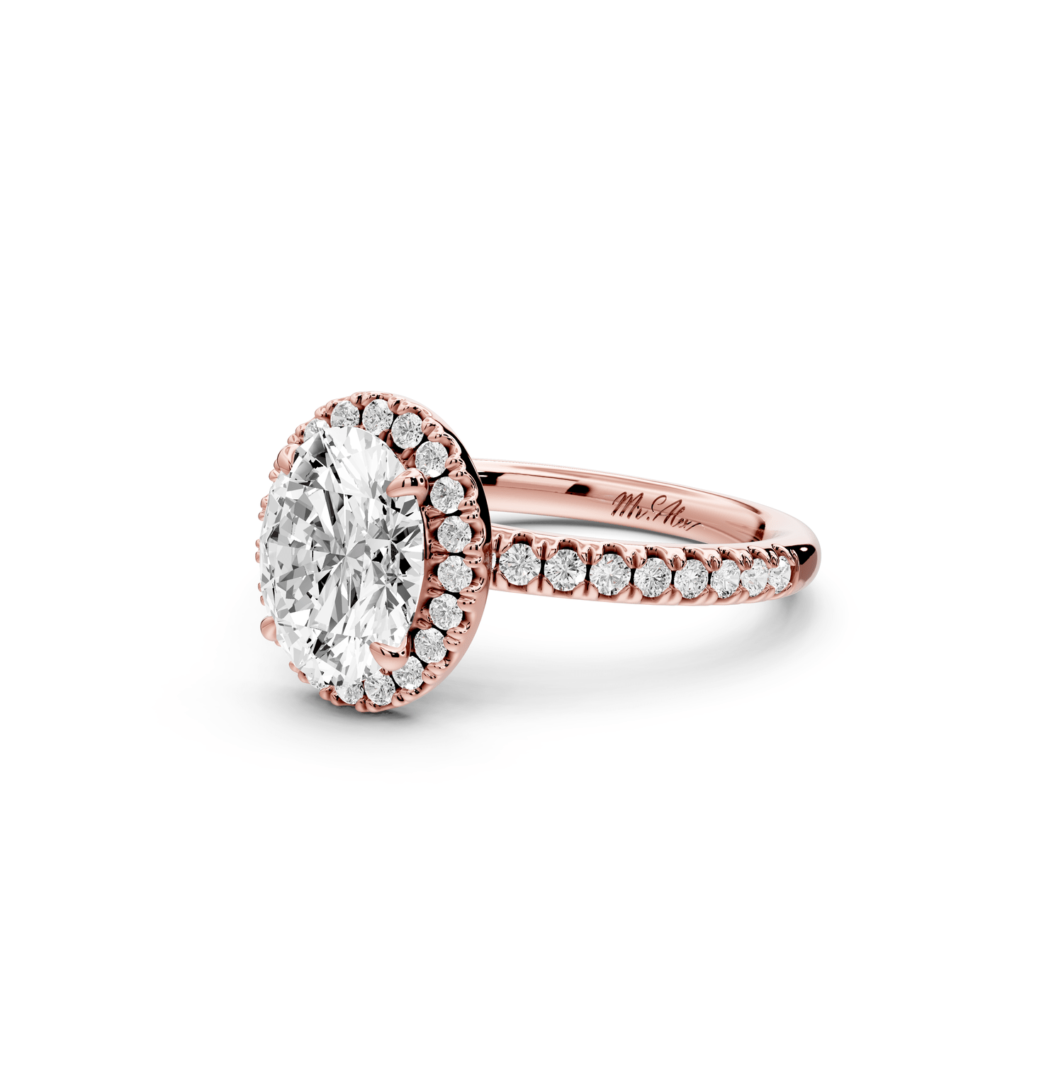Marina - 2ct 18k rose gold oval halo pavé half band engagment ring - Mr. Alex Jewelry