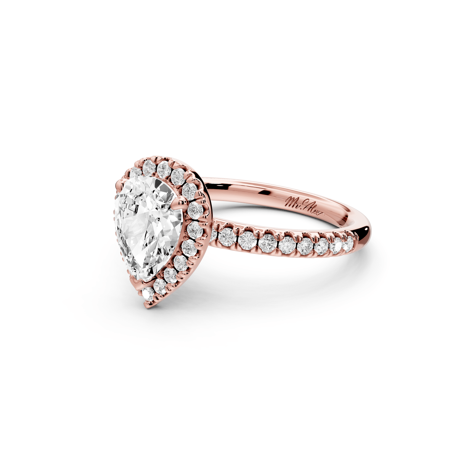 Marina - 2ct 18k rose gold pear halo pavé half band engagment ring - Mr. Alex Jewelry