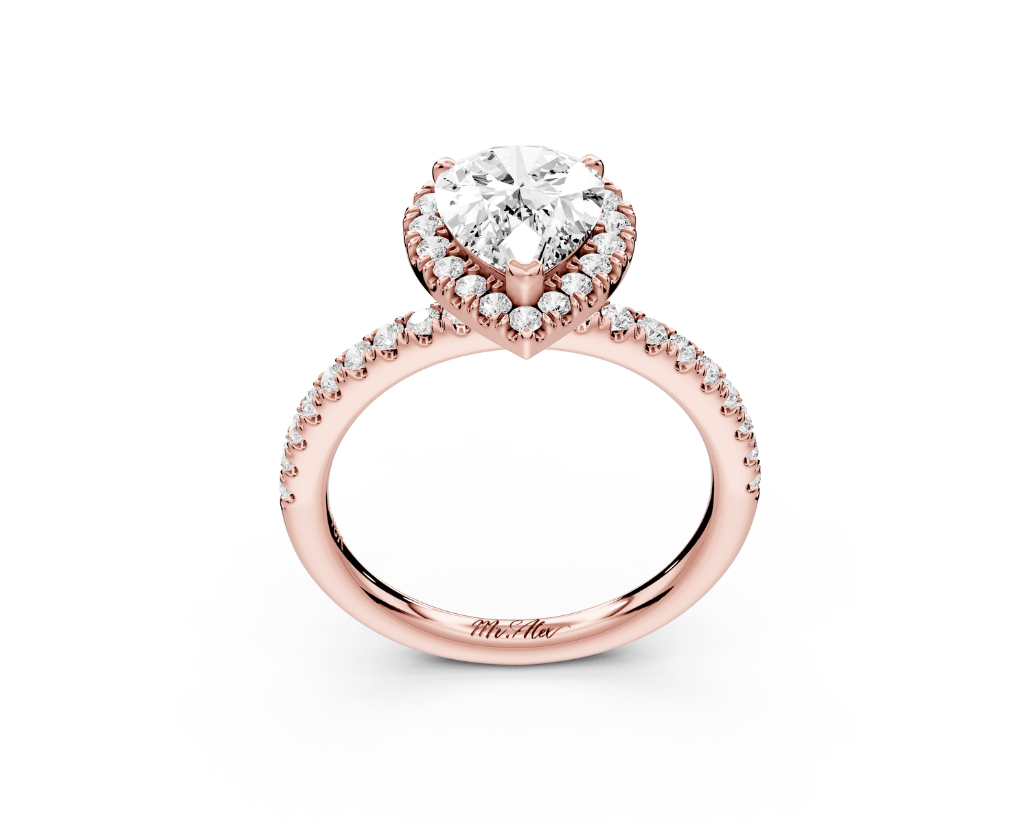 Marina - 2ct 18k rose gold pear halo pavé half band engagment ring - Mr. Alex Jewelry