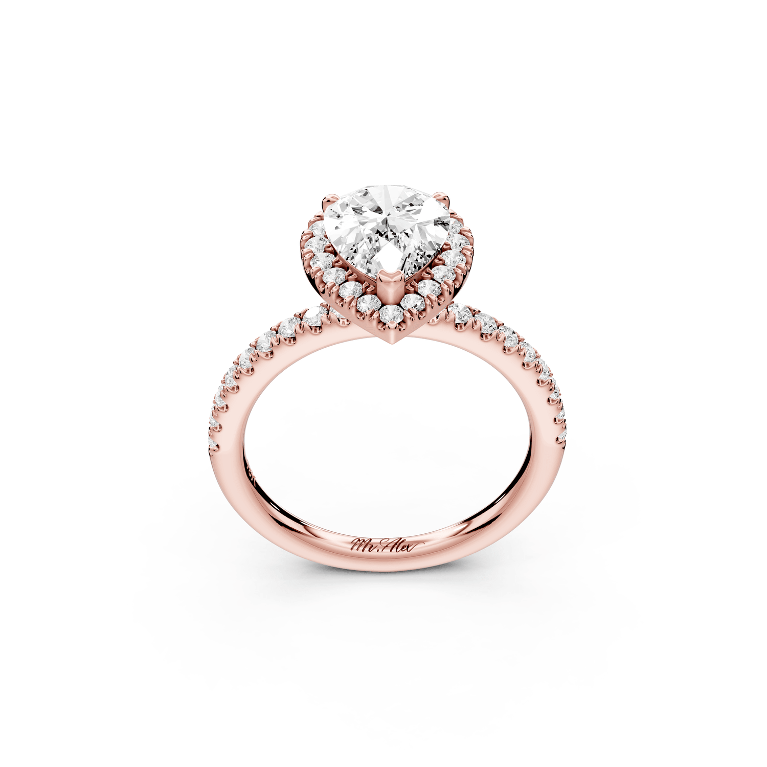 Marina - 2ct 18k rose gold pear halo pavé half band engagment ring - Mr. Alex Jewelry