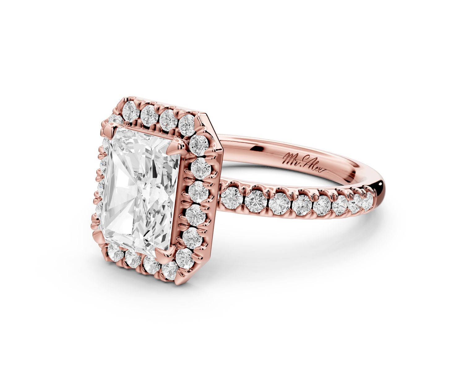 Marina - 2ct 18k rose gold radiant halo pavé half band engagement ring - Mr. Alex Jewelry