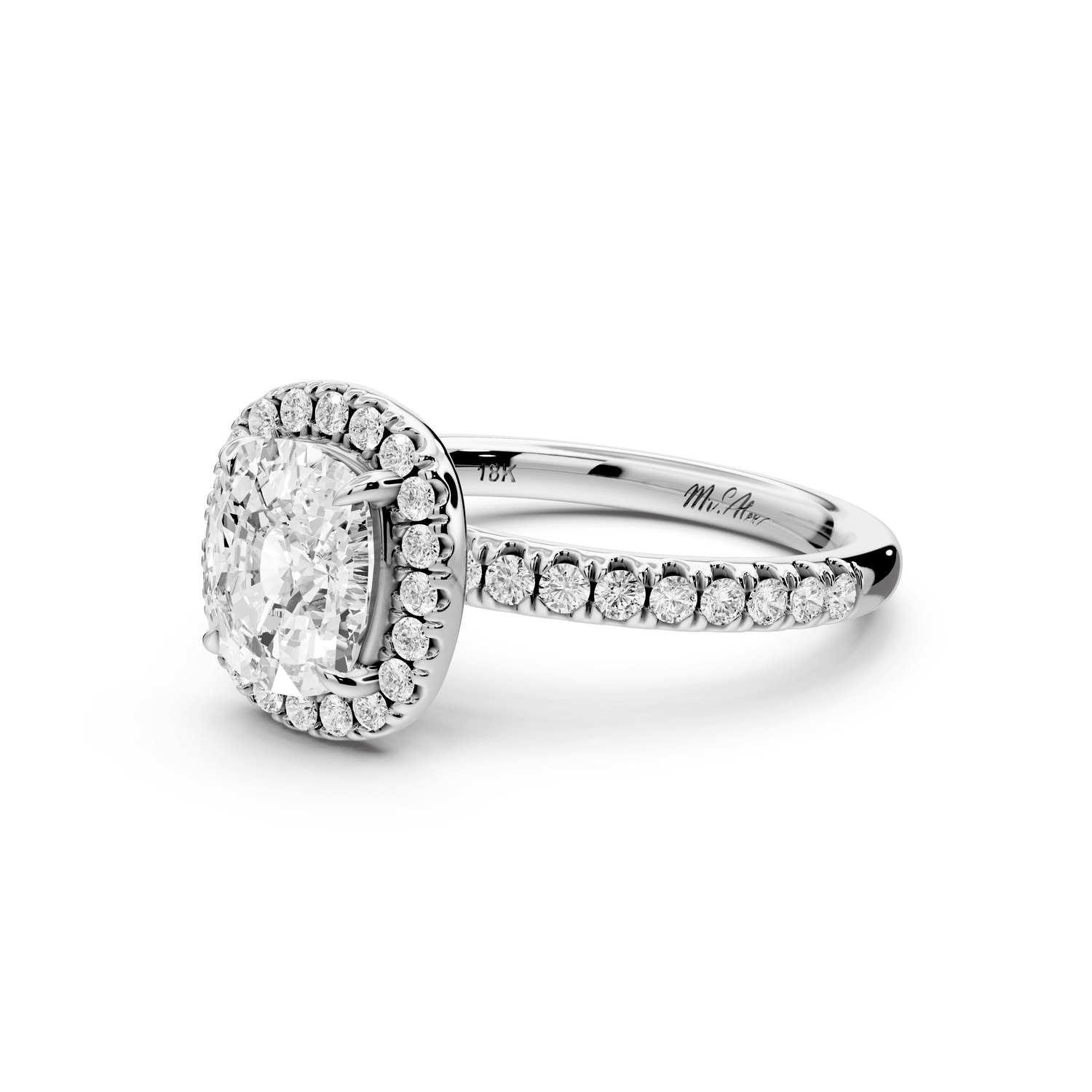 Marina - 2ct 18k white gold ecushion halo pavé half band engagement ring - Mr. Alex Jewelry