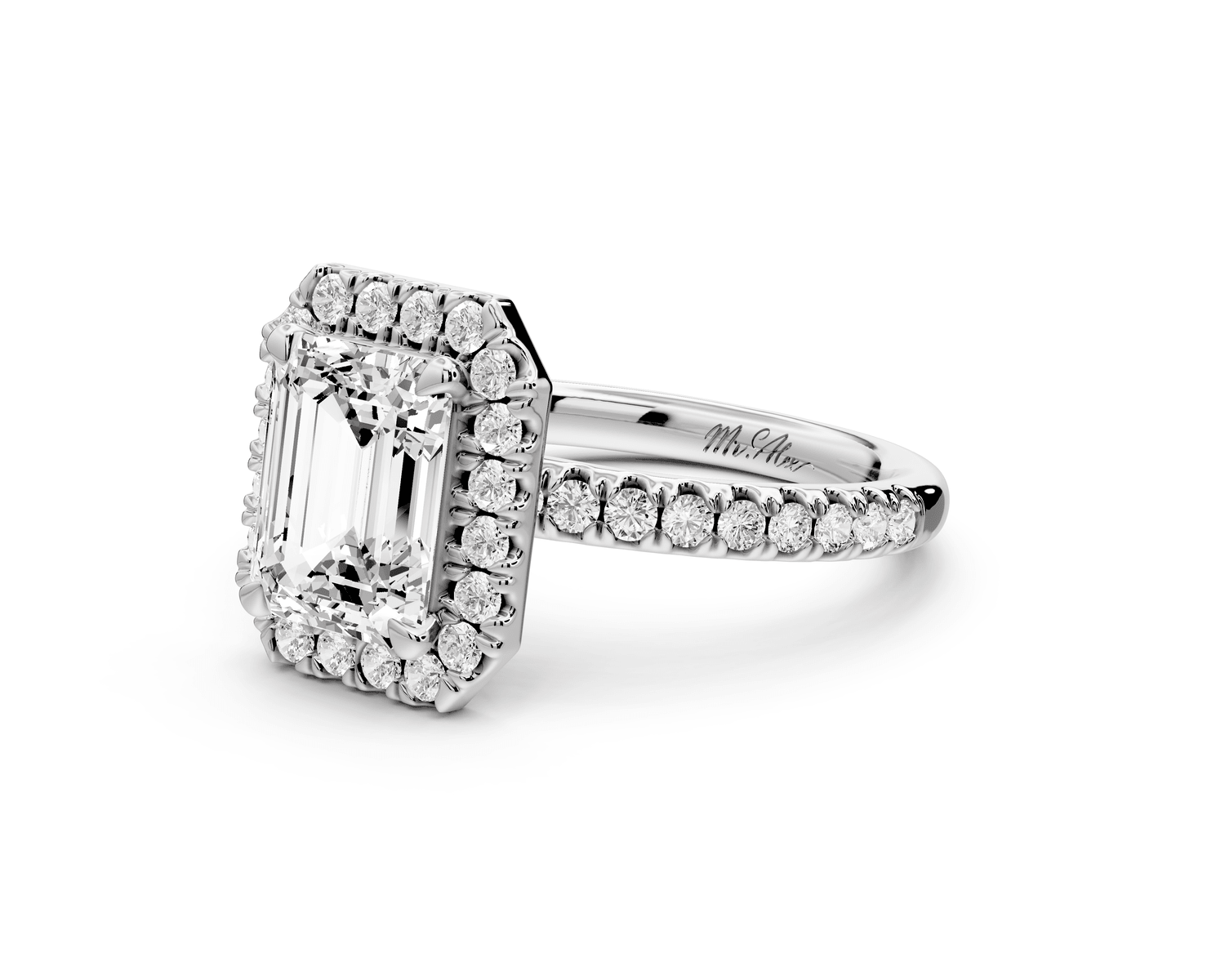 Marina - 2ct 18k white gold emerald halo pavé half band engagment ring - Mr. Alex Jewelry