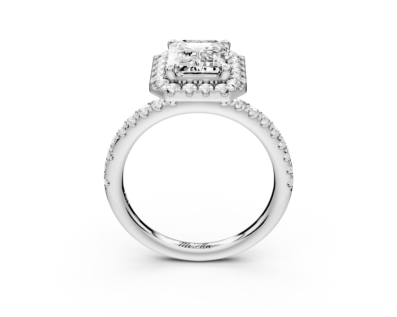 Marina - 2ct 18k white gold emerald halo pavé half band engagment ring - Mr. Alex Jewelry