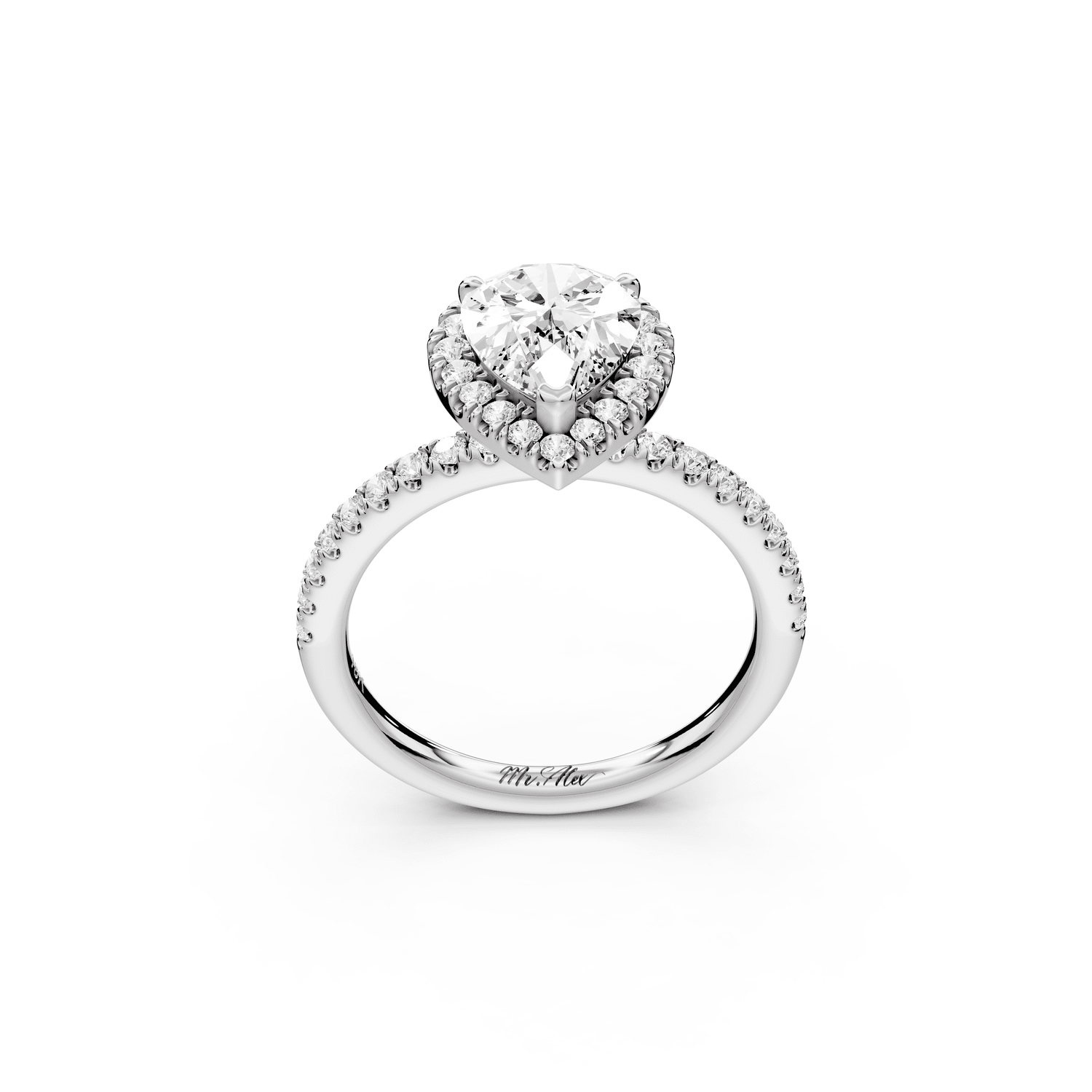 Marina - 2ct 18k white gold pear halo pavé half band engagment ring - Mr. Alex Jewelry