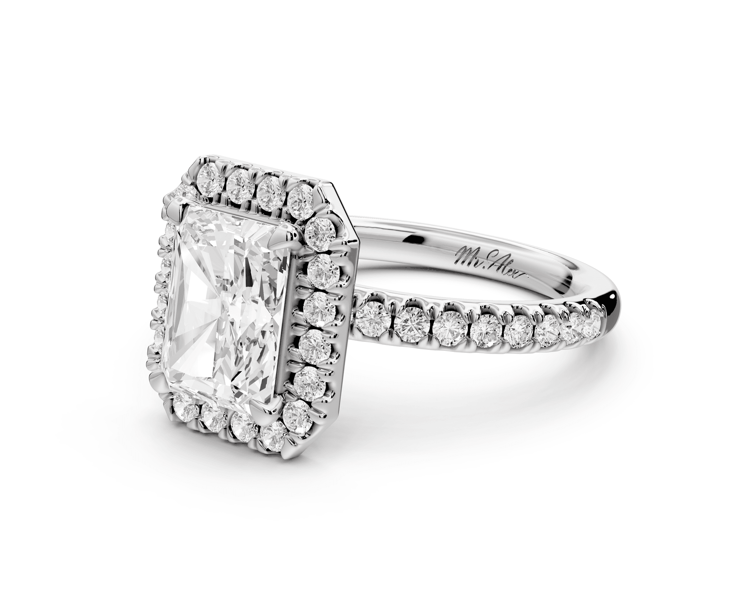 Marina - 2ct 18k white gold radiant halo pavé half band engagement ring - Mr. Alex Jewelry