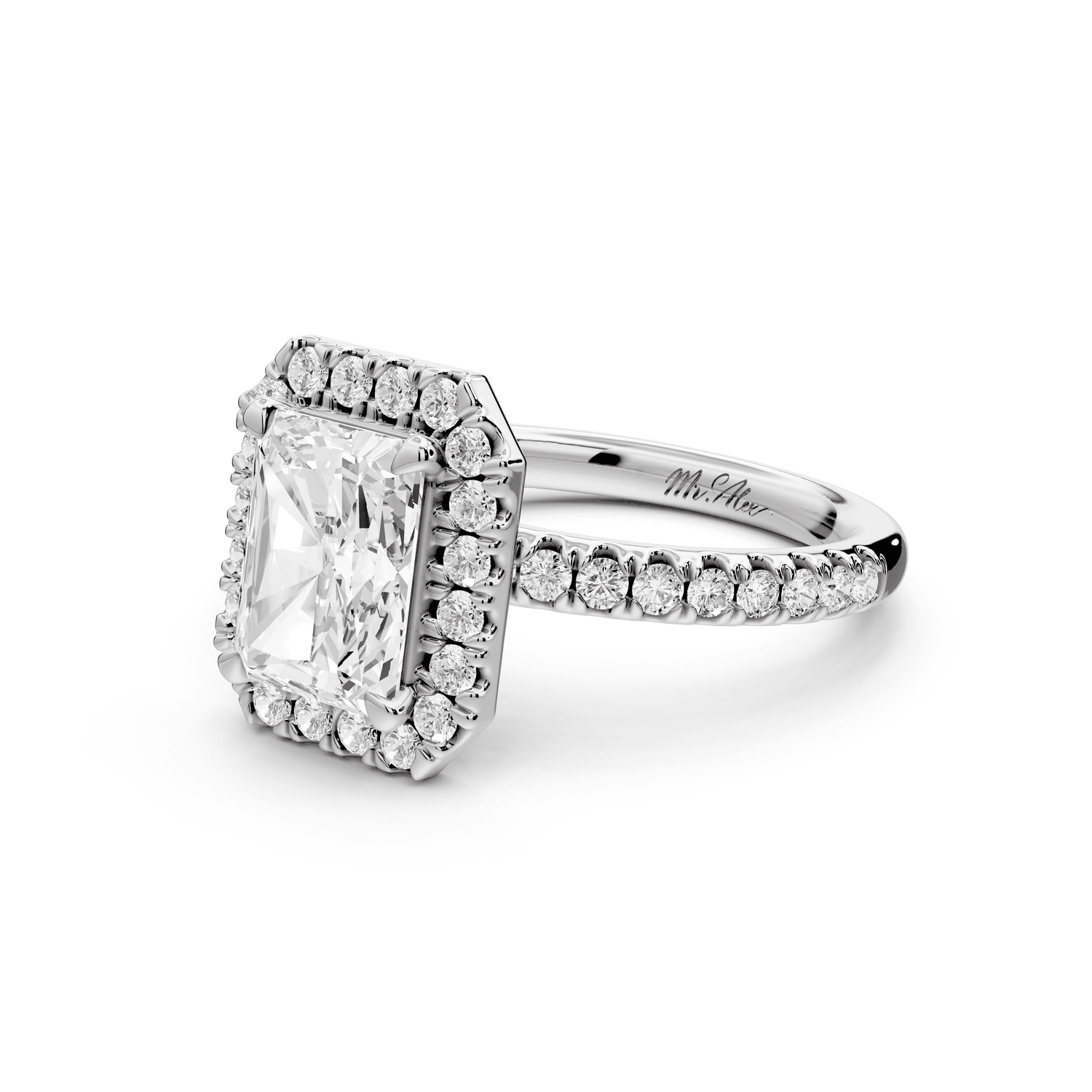 Marina - 2ct 18k white gold radiant halo pavé half band engagement ring - Mr. Alex Jewelry