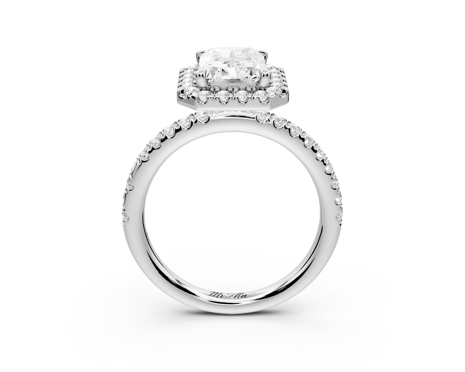 Marina - 2ct 18k white gold radiant halo pavé half band engagement ring - Mr. Alex Jewelry