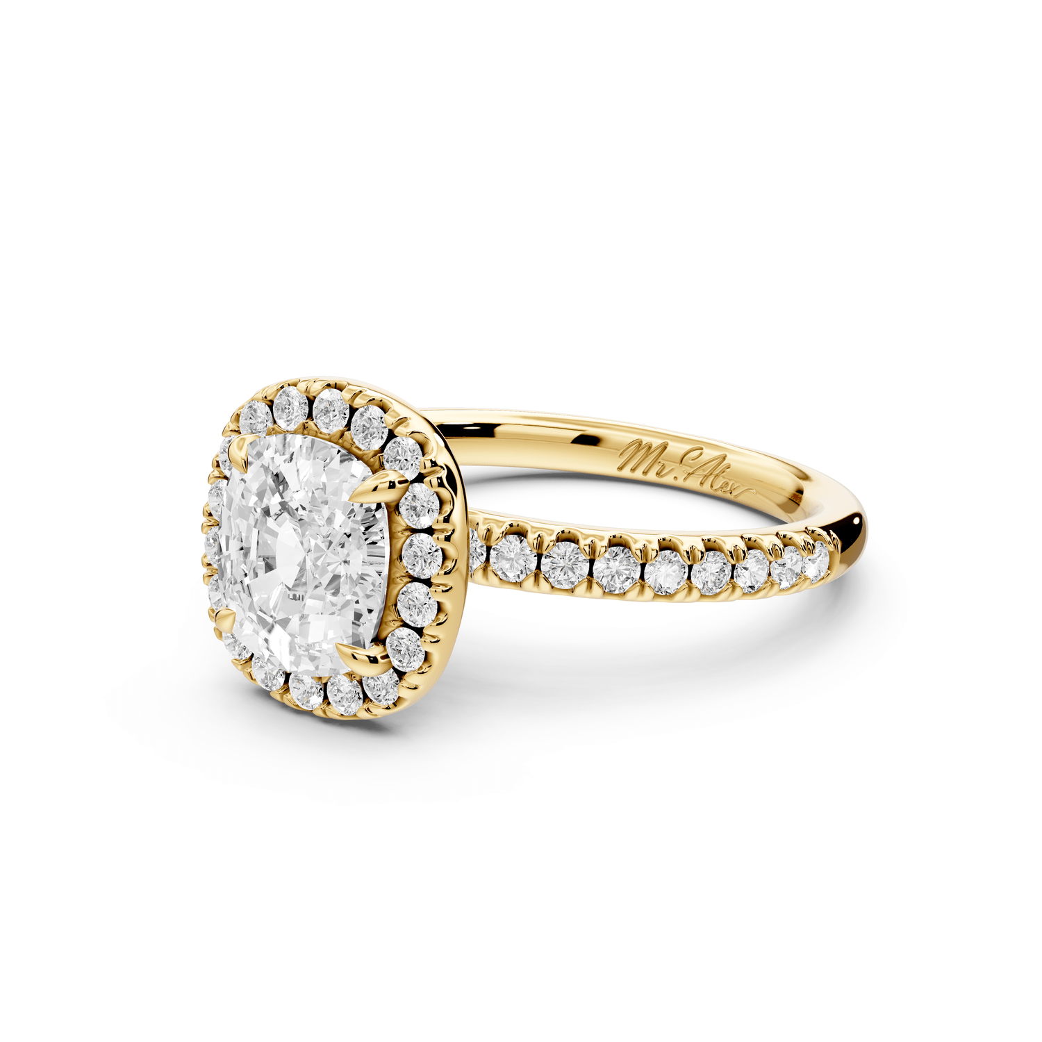 Marina - 2ct 18k yellow gold cushion halo pavé half band engagement ring - Mr. Alex Jewelry