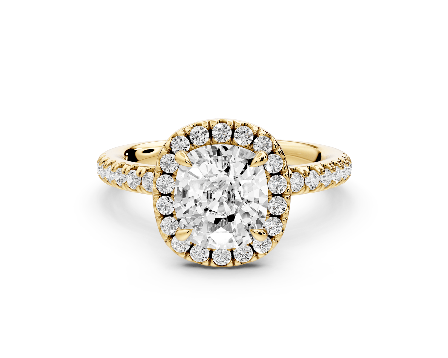 Marina - 2ct 18k yellow gold cushion halo pavé half band engagement ring - Mr. Alex Jewelry