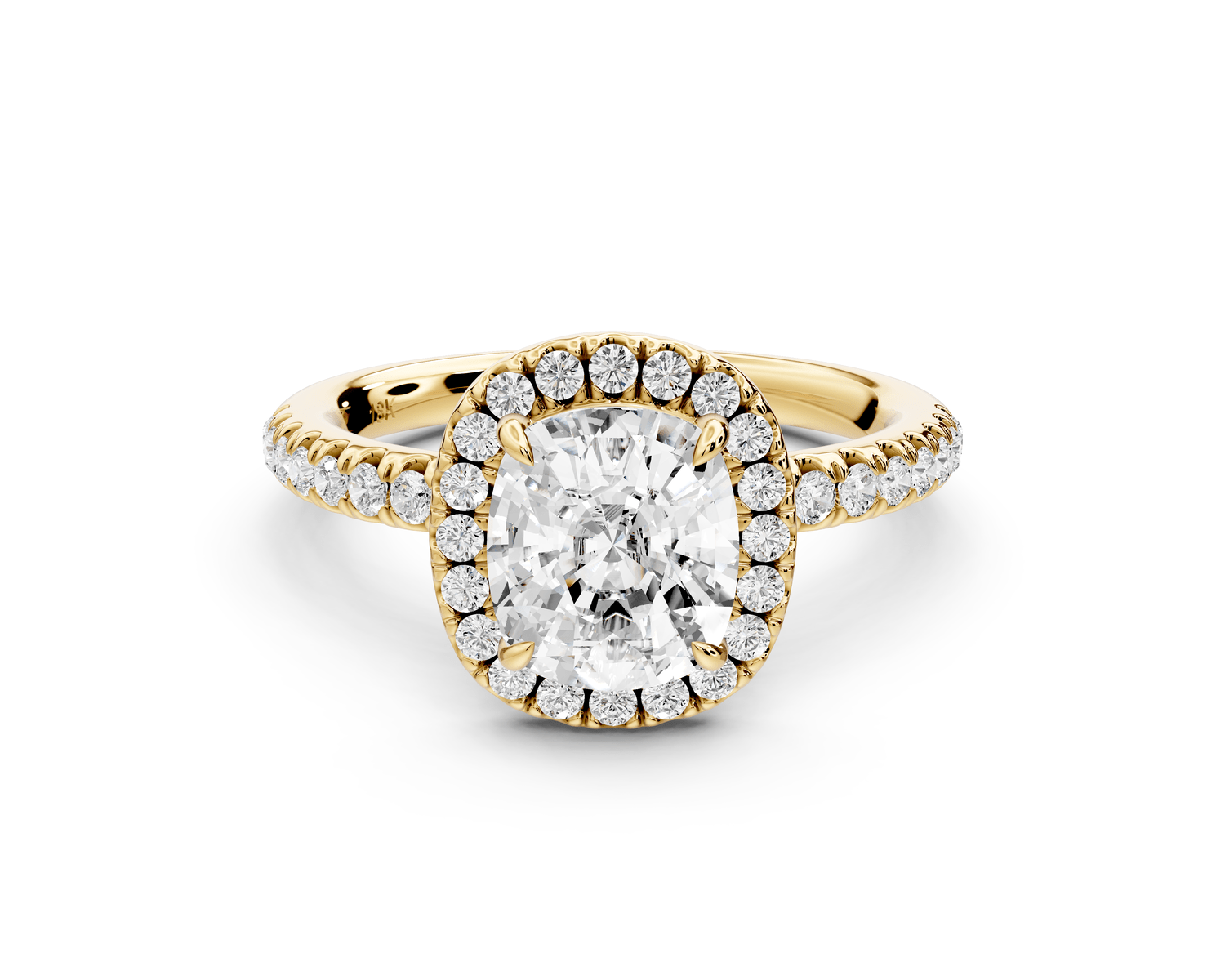 Marina - 2ct 18k yellow gold ecushion halo pavé half band engagement ring - Mr. Alex Jewelry